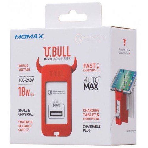 Сетевой блок питания Momax U.Bull Quick Charge 2.0 1 USB Charger 2.4A/18W, 9V/1.67A (UM1S) красный