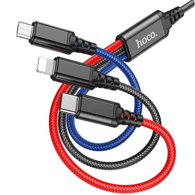 USB кабель Hoco X76 Super Lightning + MicroUSB + Type-C, длина 1 метр (Черный, красный, синий)