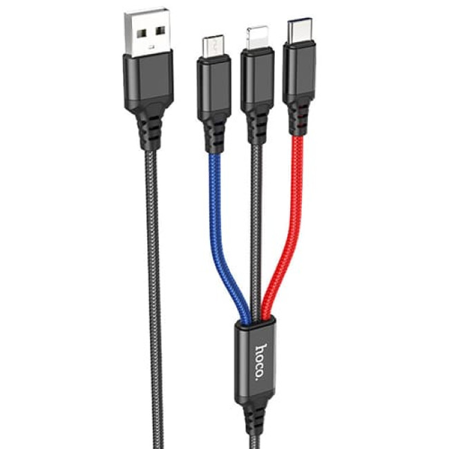 USB кабель Hoco X76 Super Lightning + MicroUSB + Type-C, длина 1 метр (Черный, красный, синий)