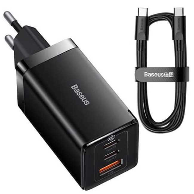 Зарядное устройство Baseus GaN5 Pro Fast Charger 65W USB + 2*USB Type-C CCGP120201 + кабель Type-C Черный