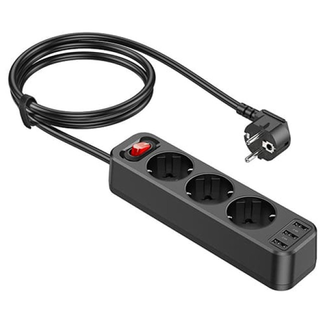 Удлинитель Hoco NS2 (3 розетки + 3*USB) Черный