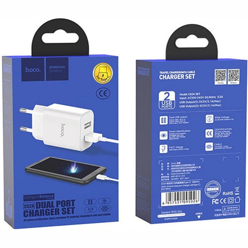 Зарядное устройство Hoco C62A Victoria 2 USB 2.1А + кабель Type-С (Белый)