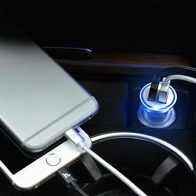 Автомобильное зарядное устройство Hoco 2.4 A с двумя USB выходами + кабель L Shape Lightning белое
