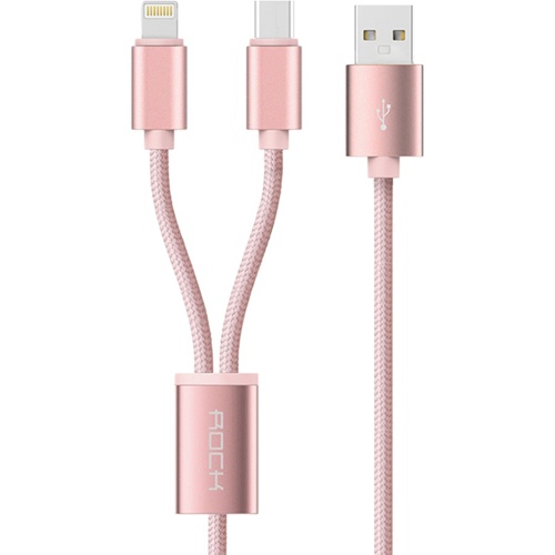 USB кабель Rock 2 в 1 Lightnihg + MicroUSB 1,2 метра (Розовый)